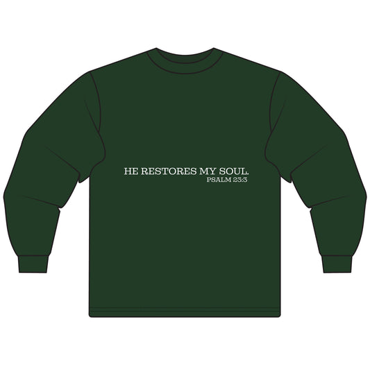 Inspirational Long Sleeve T-Shirt - "He Restores My Soul" Psalm 23:3