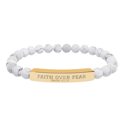 Faith Over Fear Bracelet – Engraved Natural Stone Stretch Bracelet for Teens, Inspirational Christian Jewelry Gift for Boys & Girls