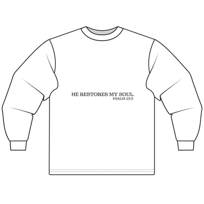 Inspirational Long Sleeve T-Shirt - "He Restores My Soul" Psalm 23:3