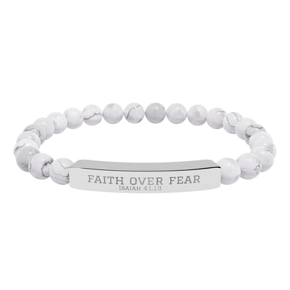 Faith Over Fear Bracelet – Engraved Natural Stone Stretch Bracelet for Teens, Inspirational Christian Jewelry Gift for Boys & Girls