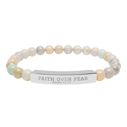 Faith Over Fear Bracelet – Engraved Natural Stone Stretch Bracelet for Teens, Inspirational Christian Jewelry Gift for Boys & Girls