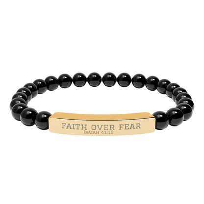 Faith Over Fear Bracelet – Engraved Natural Stone Stretch Bracelet for Teens, Inspirational Christian Jewelry Gift for Boys & Girls