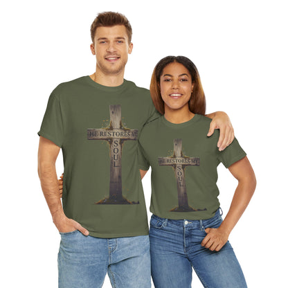 He Restores My Soul Cross Tee – Unisex Heavy Cotton T-Shirt