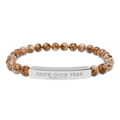 Faith Over Fear Bracelet – Engraved Natural Stone Stretch Bracelet for Teens, Inspirational Christian Jewelry Gift for Boys & Girls