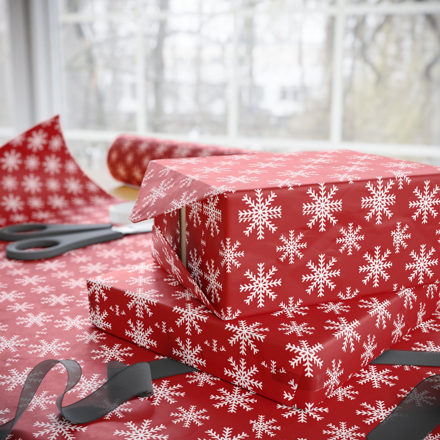 Snowflake Holiday Wrapping Paper - Festive Red Gift Wrap for Christmas and Winter Celebrations