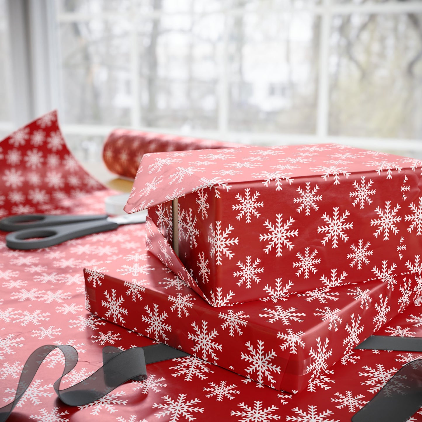 Snowflake Holiday Wrapping Paper - Festive Red Gift Wrap for Christmas and Winter Celebrations