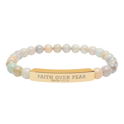 Faith Over Fear Bracelet – Engraved Natural Stone Stretch Bracelet for Teens, Inspirational Christian Jewelry Gift for Boys & Girls