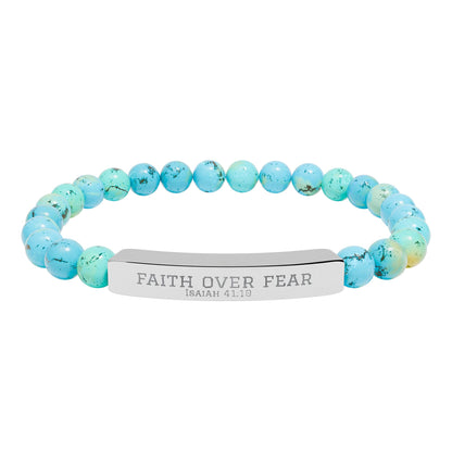 Faith Over Fear Bracelet – Engraved Natural Stone Stretch Bracelet for Teens, Inspirational Christian Jewelry Gift for Boys & Girls